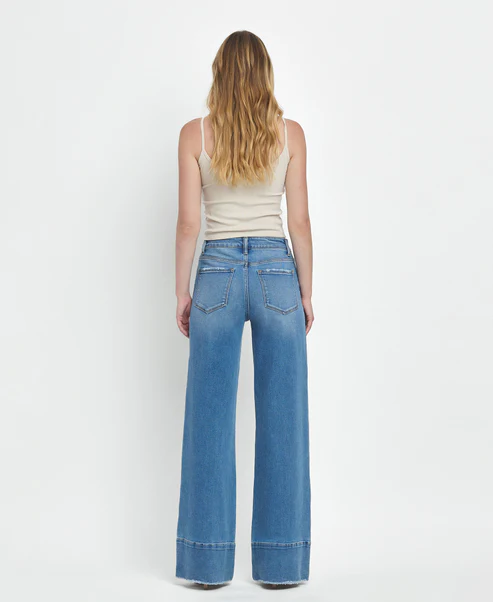 Legitimate - High Rise Raw Hem A-Line Wide Leg Jeans