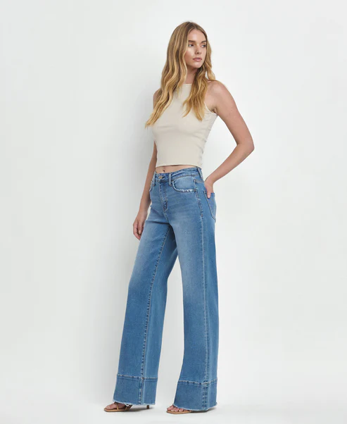 Legitimate - High Rise Raw Hem A-Line Wide Leg Jeans