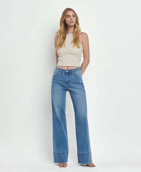 Legitimate - High Rise Raw Hem A-Line Wide Leg Jeans