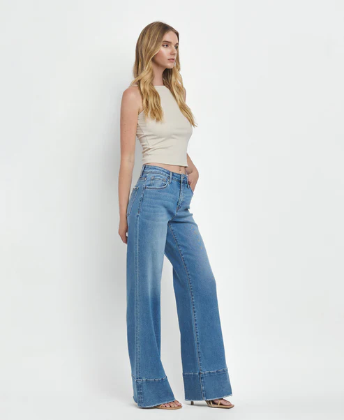 Legitimate - High Rise Raw Hem A-Line Wide Leg Jeans